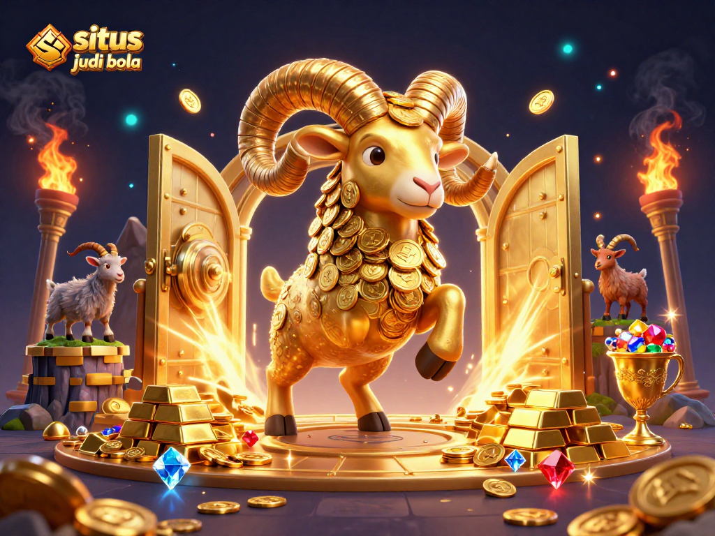 Experience excitement betting on situs judi bola with vibrant visuals of gold, treasures, and animation.