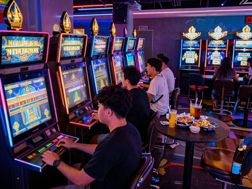 Exciting slot thailand gaming scene with players enjoying Thai-themed machines.