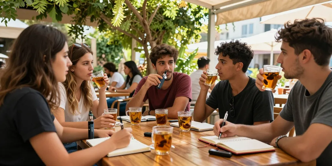 Legal vaping age in Cyprus discussed among friends over organic tea and vape devices in sunny outdoor café.