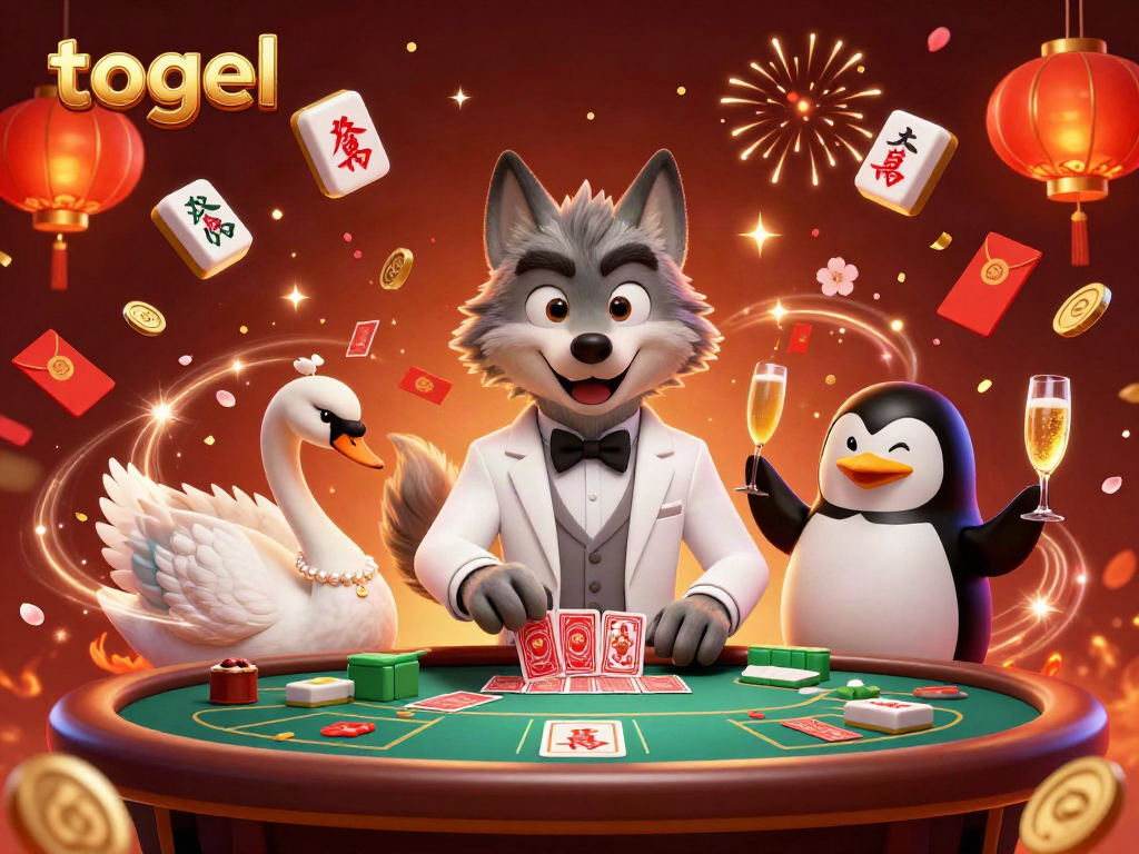 Engage in the world of togel with celebratory visuals featuring a debonair wolf, elegant swan, and sophisticated penguin.