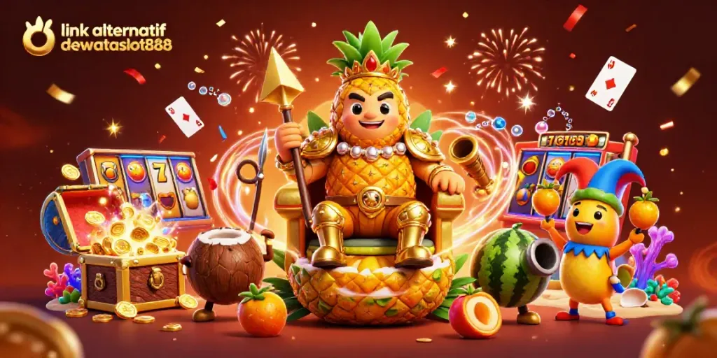 Melihat link alternatif dewataslot888 dalam ilustrasi 3D megah yang menampilkan raja nanas berwarna emas dan elemen kasino menarik lainnya.