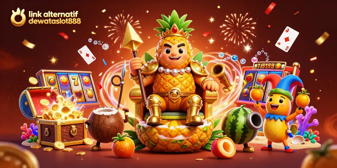 Melihat link alternatif dewataslot888 dalam ilustrasi 3D megah yang menampilkan raja nanas berwarna emas dan elemen kasino menarik lainnya.