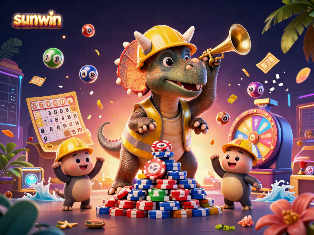 Experience the excitement of sunwin with vibrant gambling elements and dynamic characters celebrating victories.