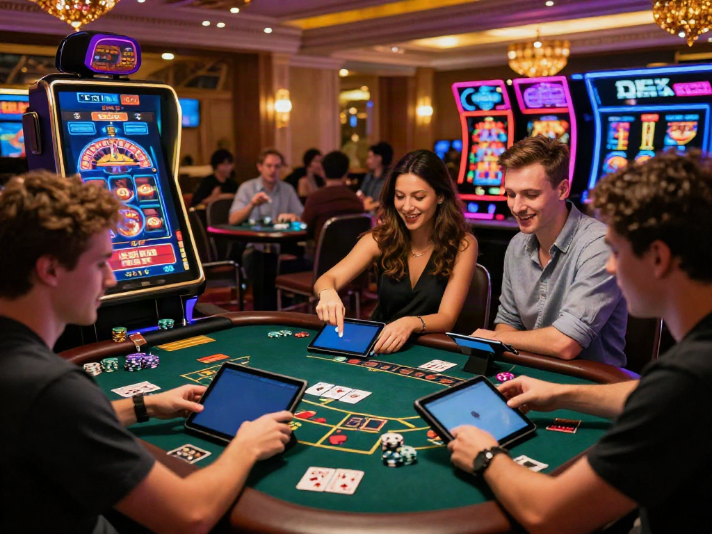 Players enjoying the thrilling atmosphere of online casinos that accept credit cards, engaging at gaming tables with vibrant neon lights.