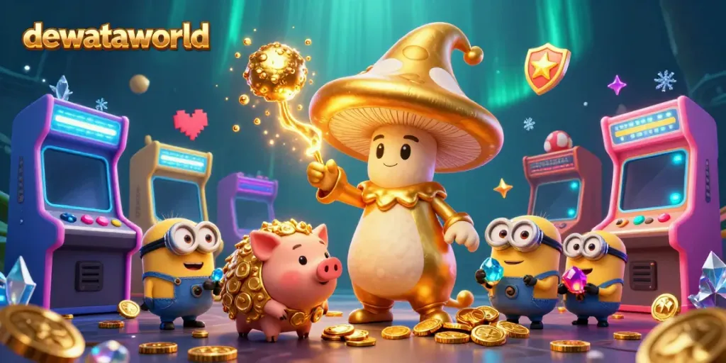Menangkan pengalaman bermain kasino dengan dewataworld, ilustrasi 3D slot bergaya kartun penuh warna.