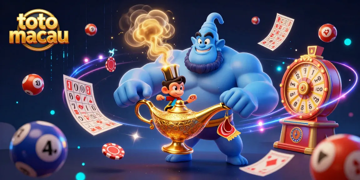 Menghasilkan angka togel dalam toto macau dengan karakter kartun genie dan pernak-pernik lotere.