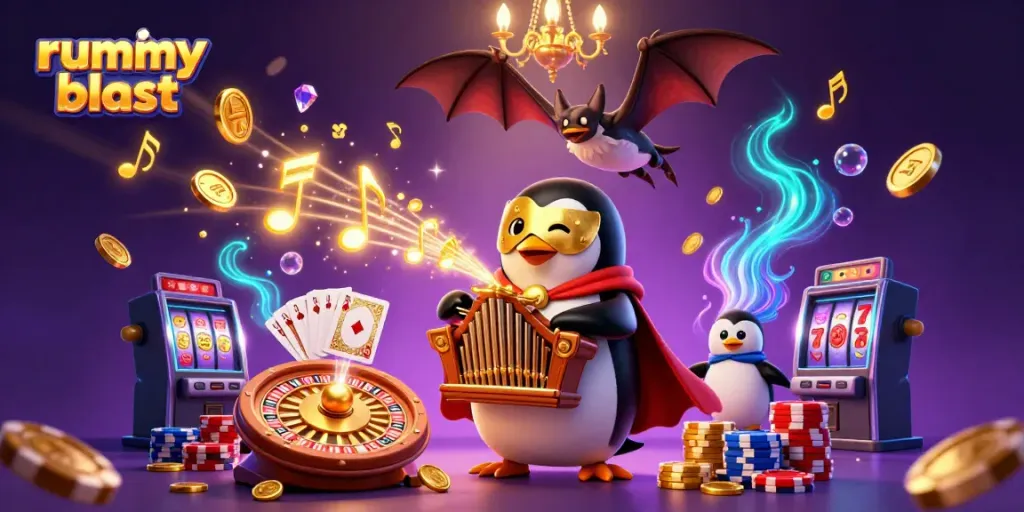 Play rummy blast with excitement, featuring a dynamic scene of animated characters and casino elements.