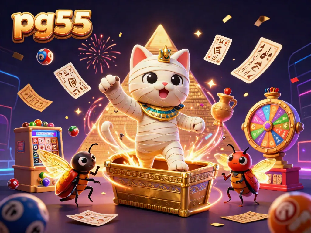 Engage with pg55 exciting luck at the casino with an Egyptian mummy cat and vibrant gaming elements bursting in a dynamic scene.