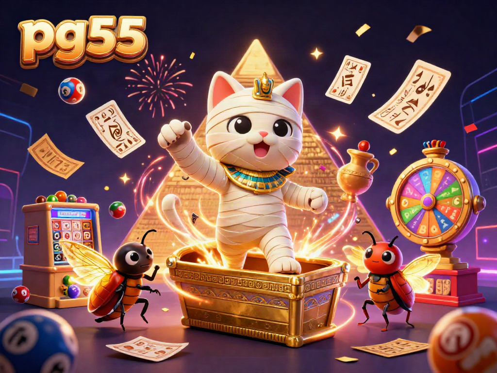 Engage with pg55 exciting luck at the casino with an Egyptian mummy cat and vibrant gaming elements bursting in a dynamic scene.