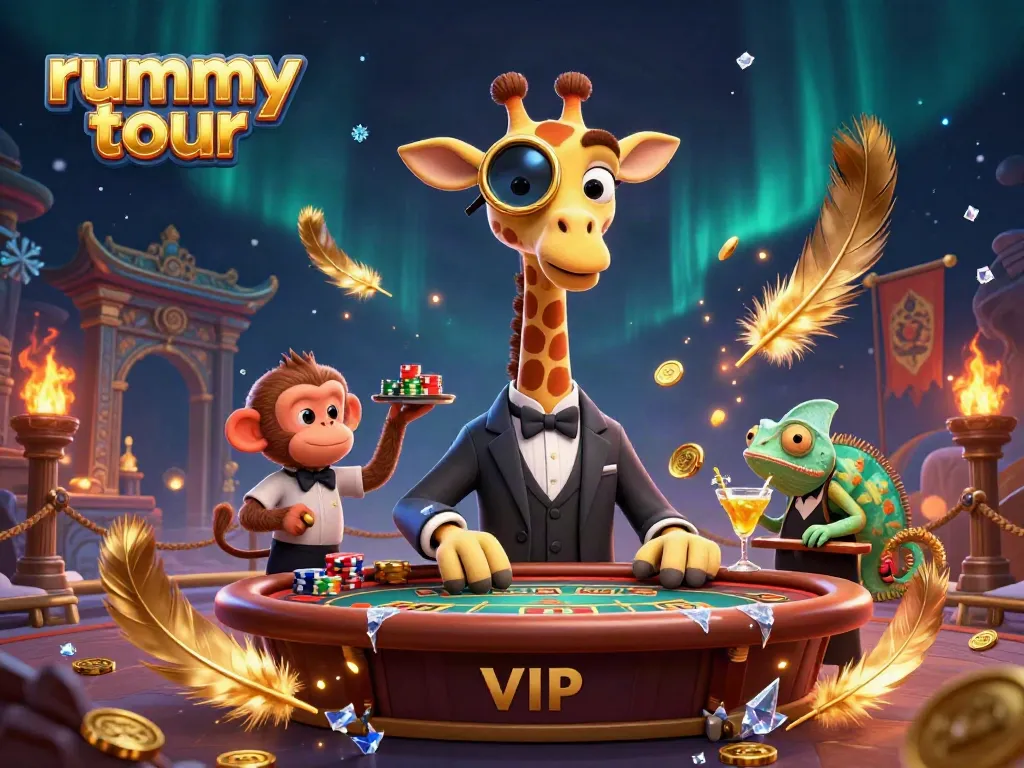 Rummy tour yang seru dengan jerapah glamor, valet monyet, dan bartender chameleon, lengkap dengan suasana kasino.