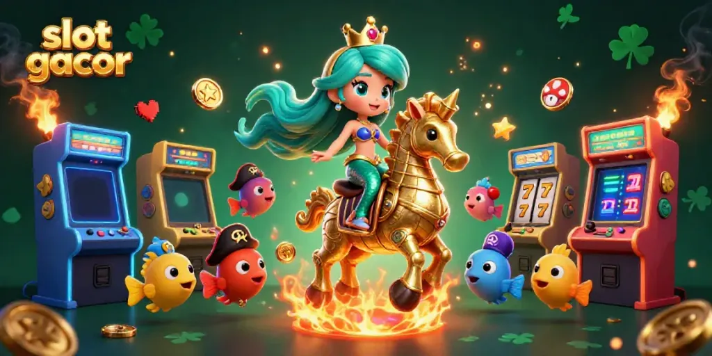 Gambarkan slot gacor dengan putri duyung dan kuda laut dalam suasana kasino