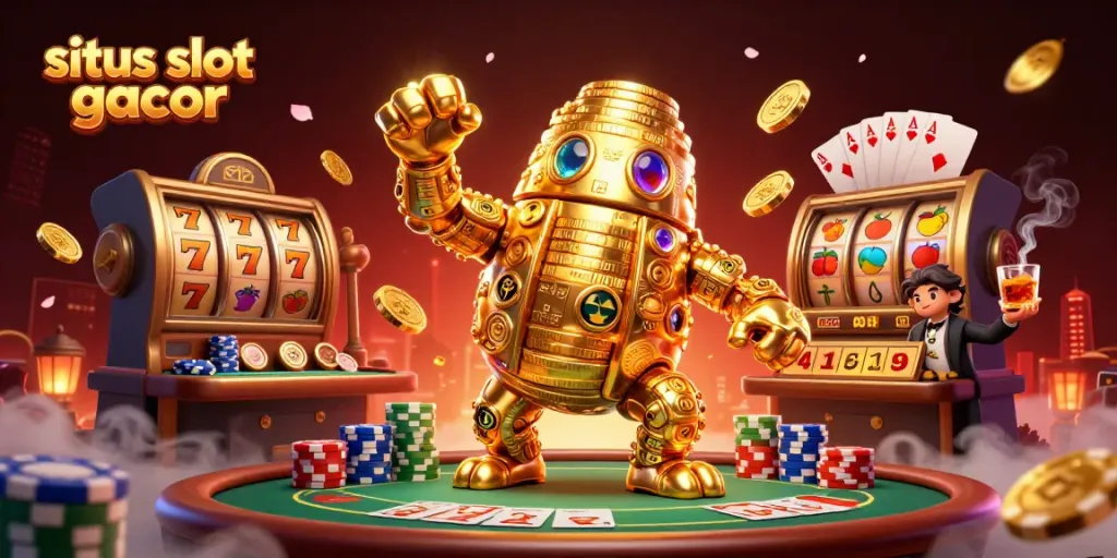 Gambar situs slot gacor dengan golem emas berputar, simbol mesin slot, dan chip poker di latar.