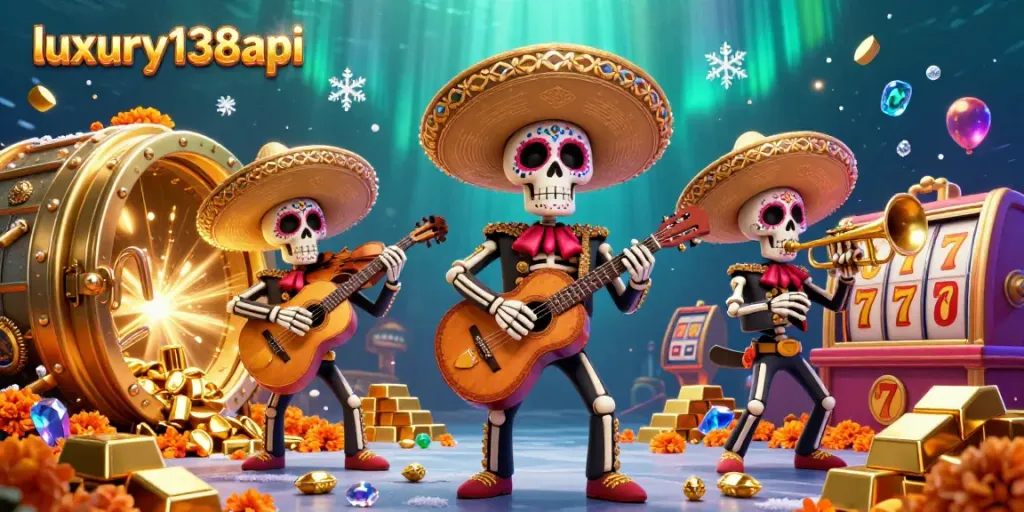 Experience thrilling jackpots with luxury138api through vibrant characters and sparkling treasures in this dynamic illustration.