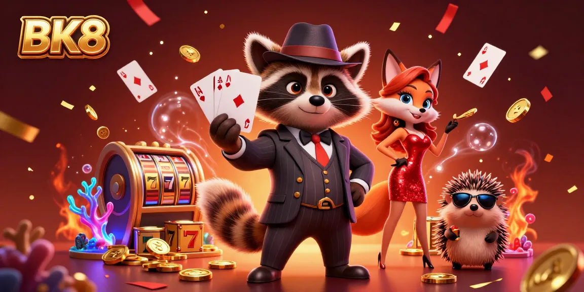 Experience the excitement of BK8 with cartoon characters enjoying a festive casino scene, complete with gold coins and playing cards.