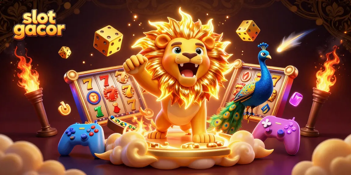 Engage with slot gacor and win big in this vibrant casino scene featuring golden lions and colorful game elements.