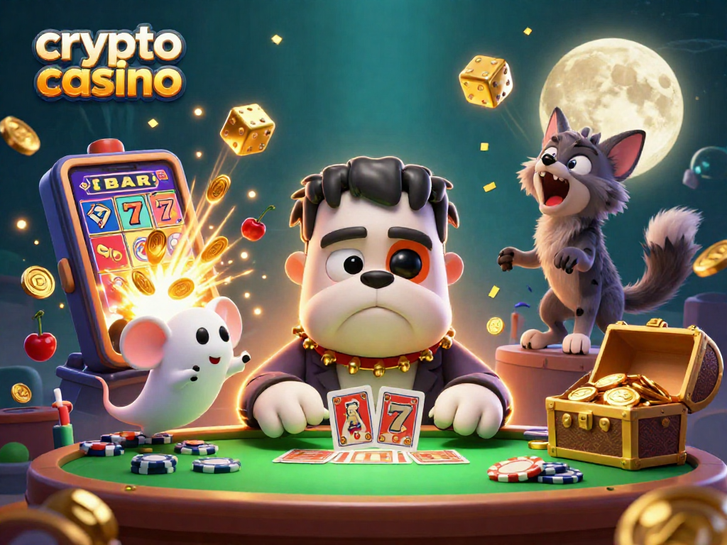 Play in a vibrant crypto casino environment with a Frankenstein bulldog dealing cards.