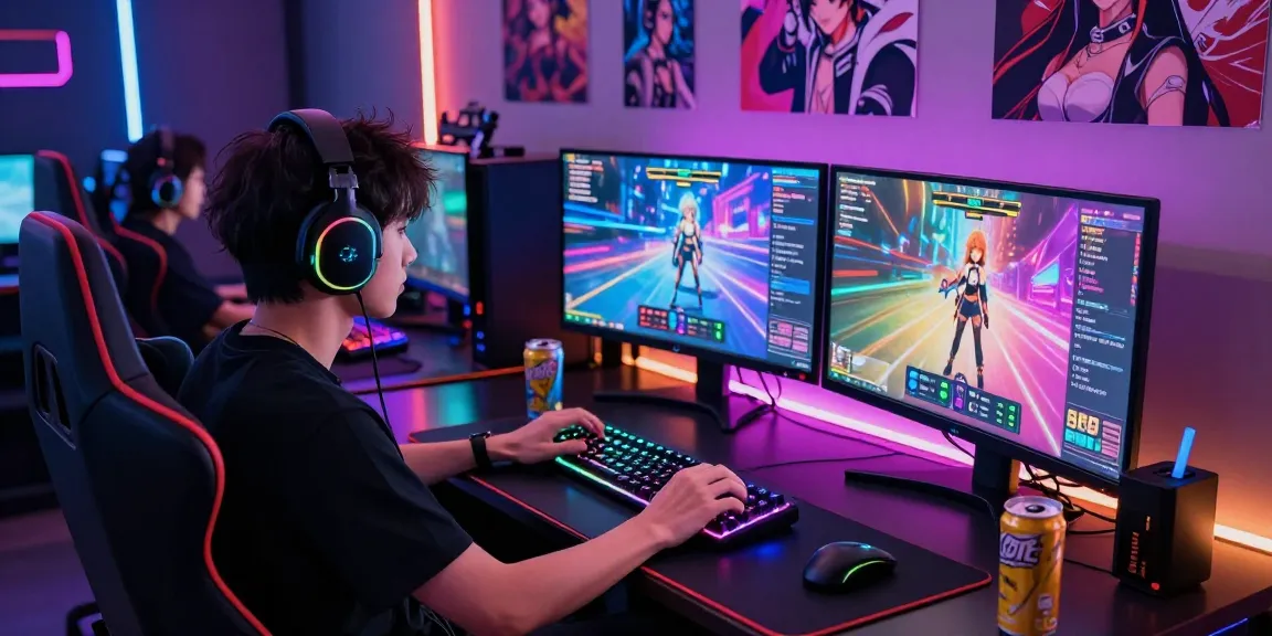 Engaged gamer playing an online hentai game, neon lights illuminating the scene, vibrant colors highlighting the gaming setup.