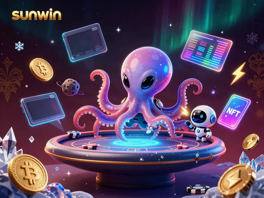 Engage with sunwin's dynamic gaming universe featuring a holographic poker table, alien octopus, and cryptocurrency elements