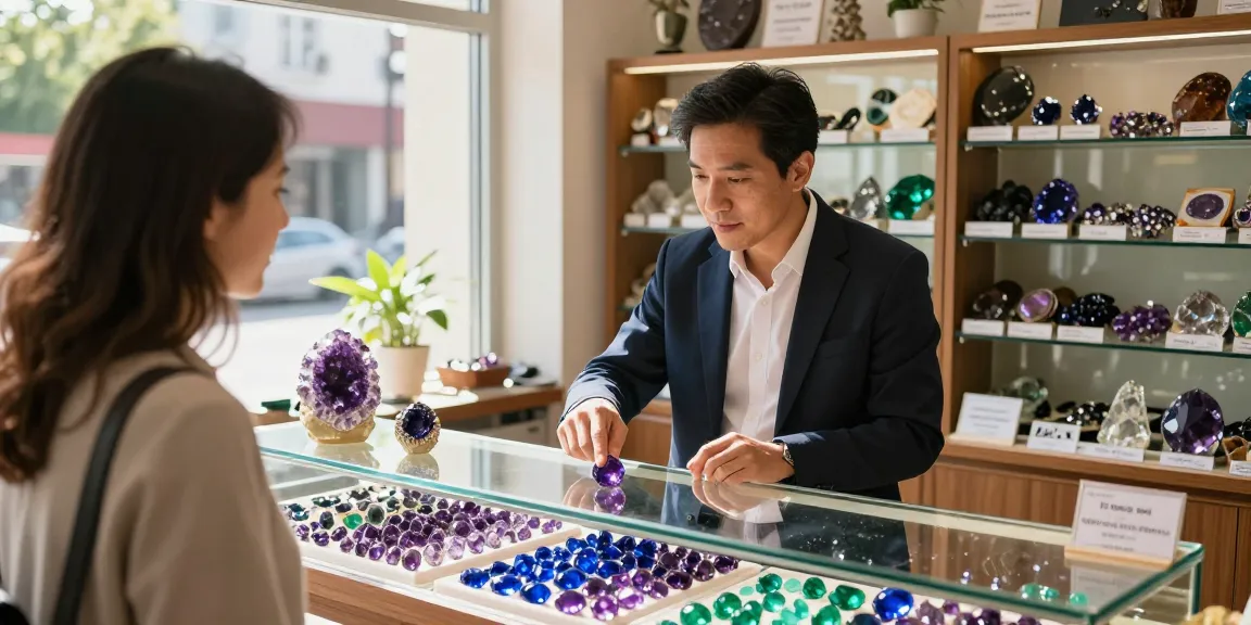 Engaging gem shopping experience at https://www.mygemspot.com with expert merchant showcasing vibrant gemstones.
