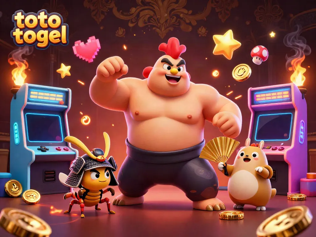 Engaging illustration depicting interactive elements of toto togel gambling, featuring a sumo rooster and samurai cricket.