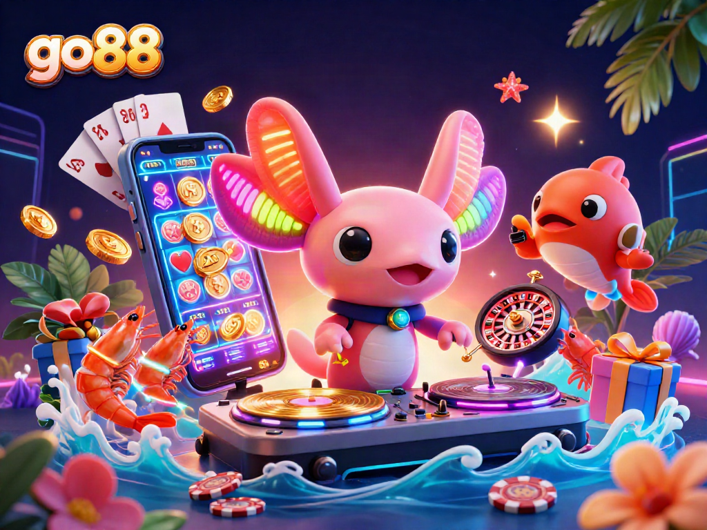 Join the fun with go88 in this vibrant 3D casino scene featuring a DJ axolotl and dancing sea creatures.