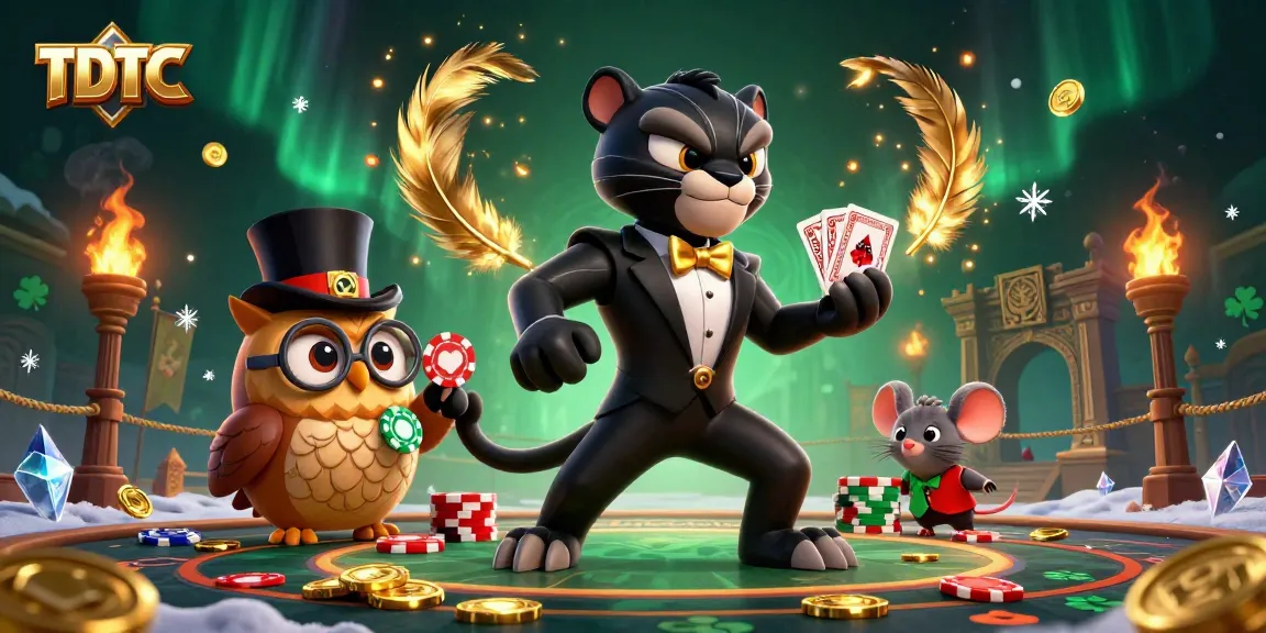 TDTC card dealer illustration with panther, owl, and mouse in a dynamic casino setting.