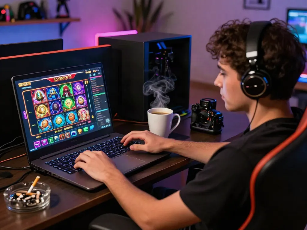Experience gaming with luxury12 slots, featuring a player focused on vibrant slot graphics with coffee and relaxed atmosphere.
