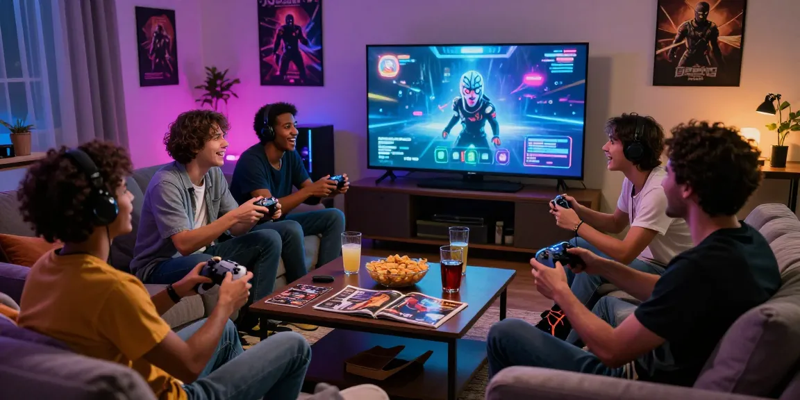 Group of gamers enjoying mind control porn games in a cozy living room with snacks and vibrant lighting.