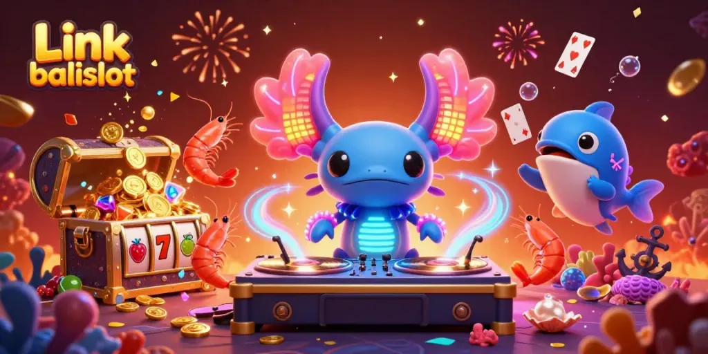 Experience the vibrant scene of Link balislot with a neon axolotl DJ and dynamic casino elements.