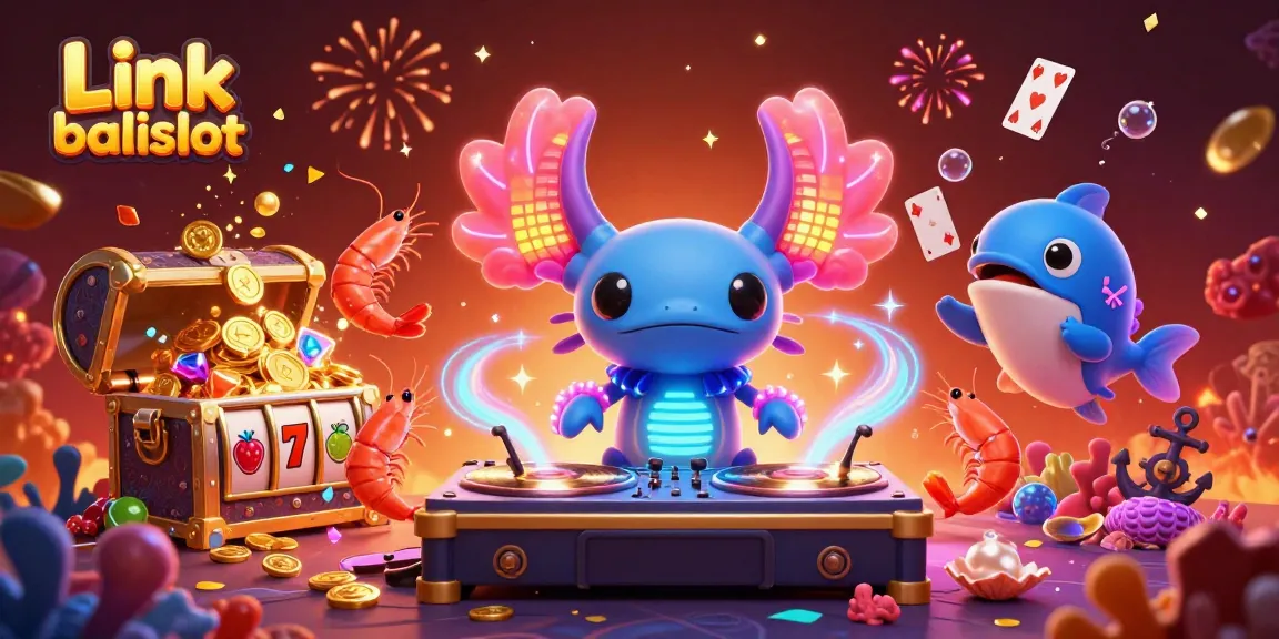 Experience the vibrant scene of Link balislot with a neon axolotl DJ and dynamic casino elements.