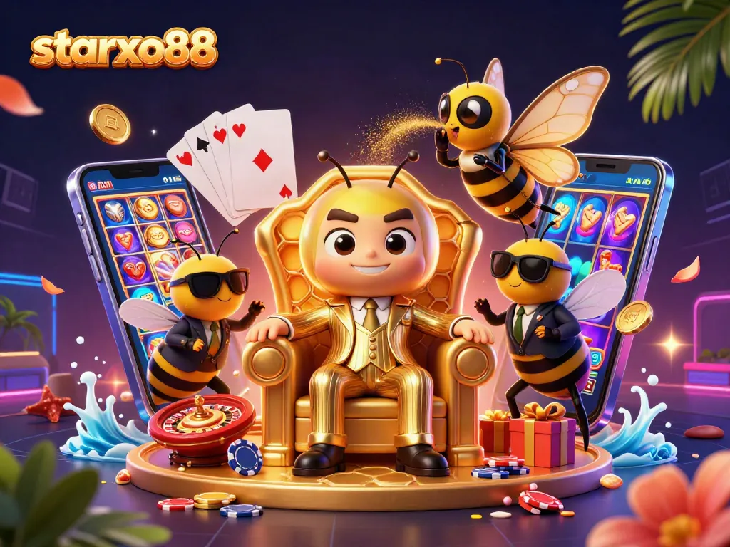Starxo88 showcases a vibrant 3D cartoon scene of a mob boss and casino elements in action.