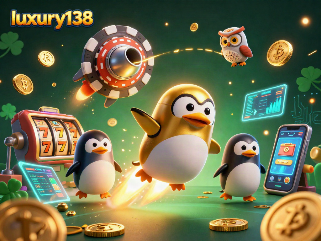 Menangkan permainan slot di luxury138 dengan gambar kartun penguin emas meluncur menuju stasiun kasino di luar angkasa.