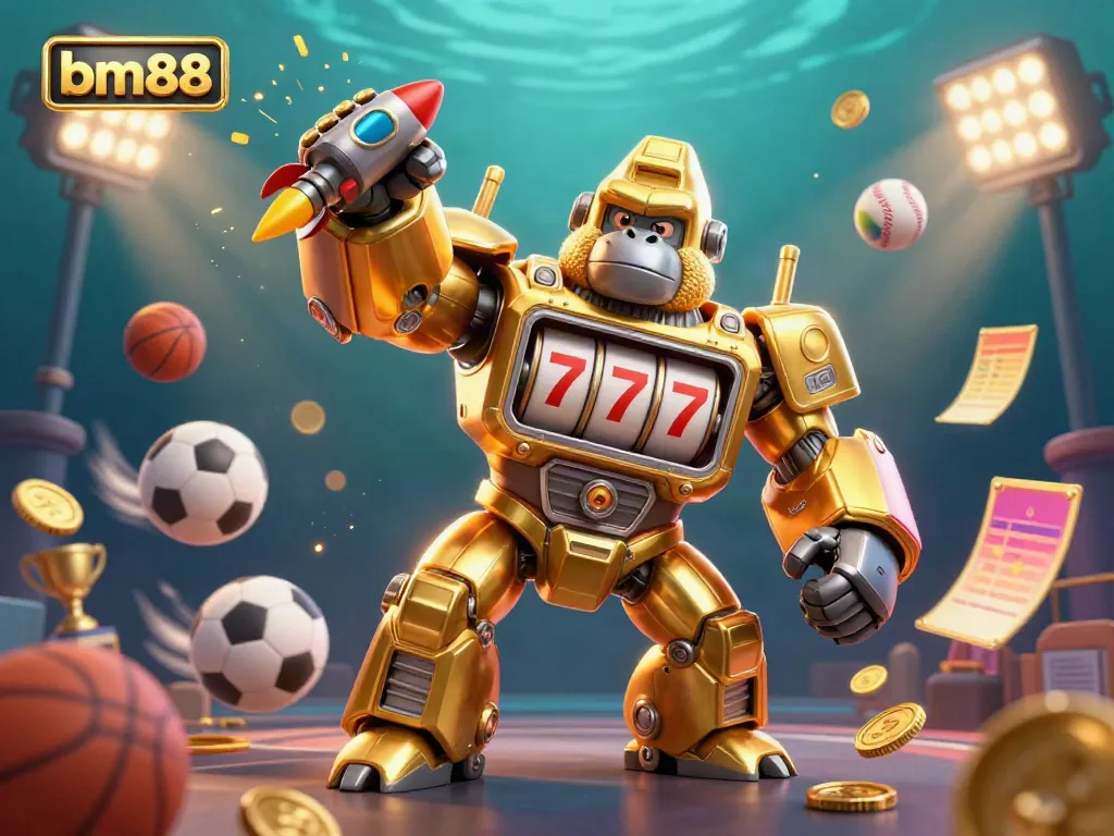 "Experience the excitement of bm88 with a dynamic illustration of a golden gorilla mech in a sports-themed scene."