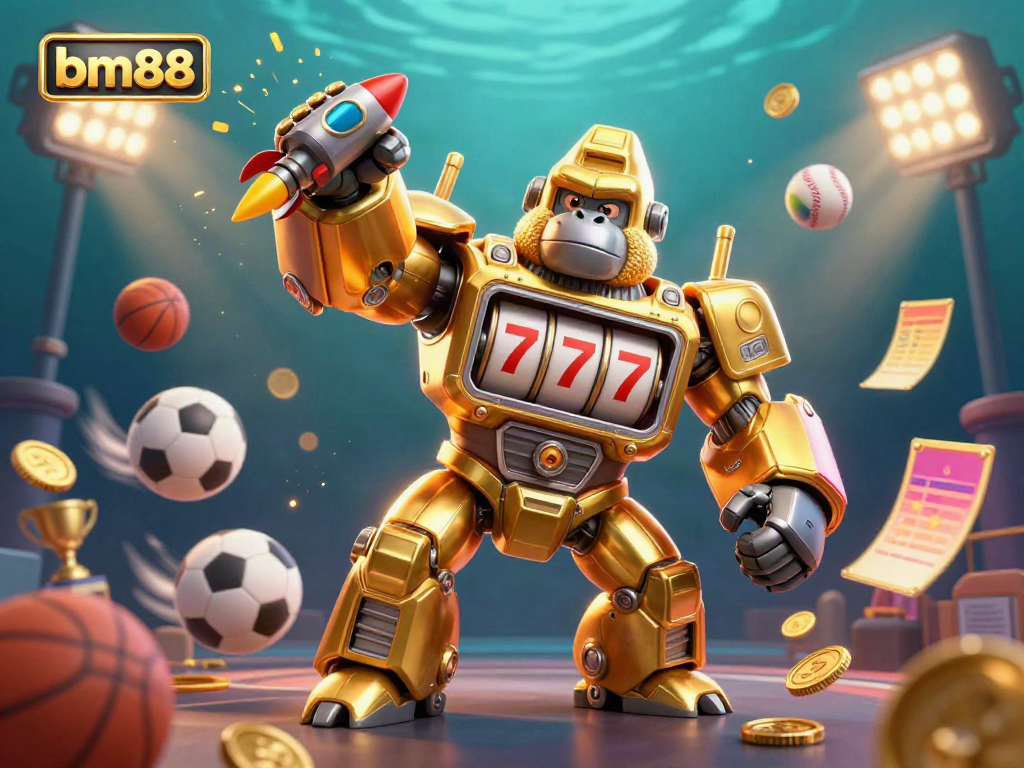 "Experience the excitement of bm88 with a dynamic illustration of a golden gorilla mech in a sports-themed scene."