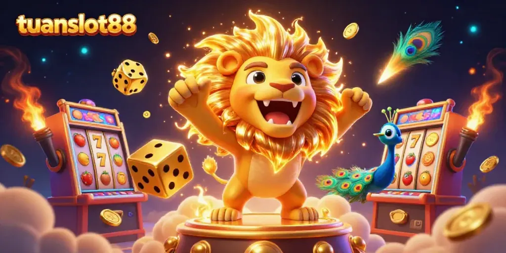 Gambarkan permainan slot penuh warna dengan tema tuanslot88 dalam ilustrasi 3D yang menarik.