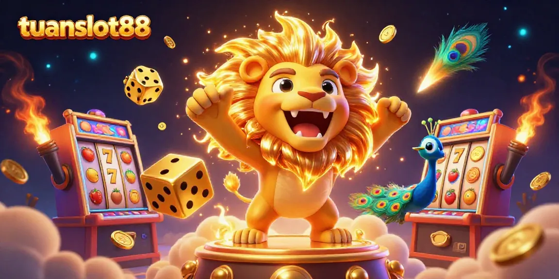 Gambarkan permainan slot penuh warna dengan tema tuanslot88 dalam ilustrasi 3D yang menarik.