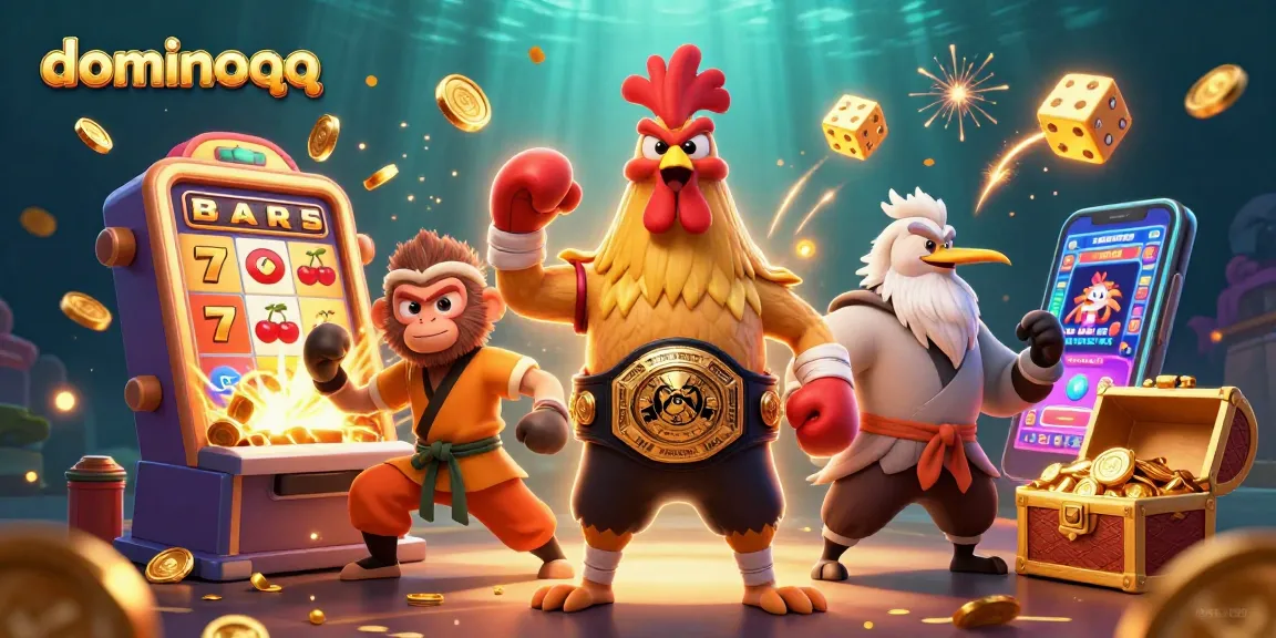 Play exciting dominoqq games with vibrant 3D characters and jackpot elements in a colorful casino scene.