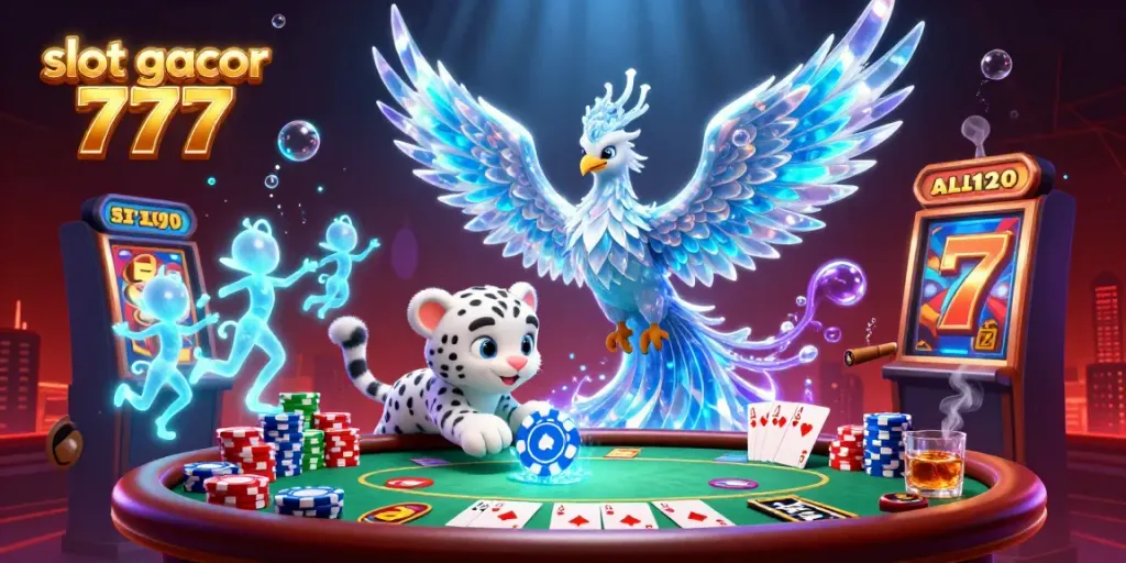 Merayakan kemenangan di slot gacor 777 dengan phoenix es, anak macan tutul, dan sprite bercahaya di kasino.
