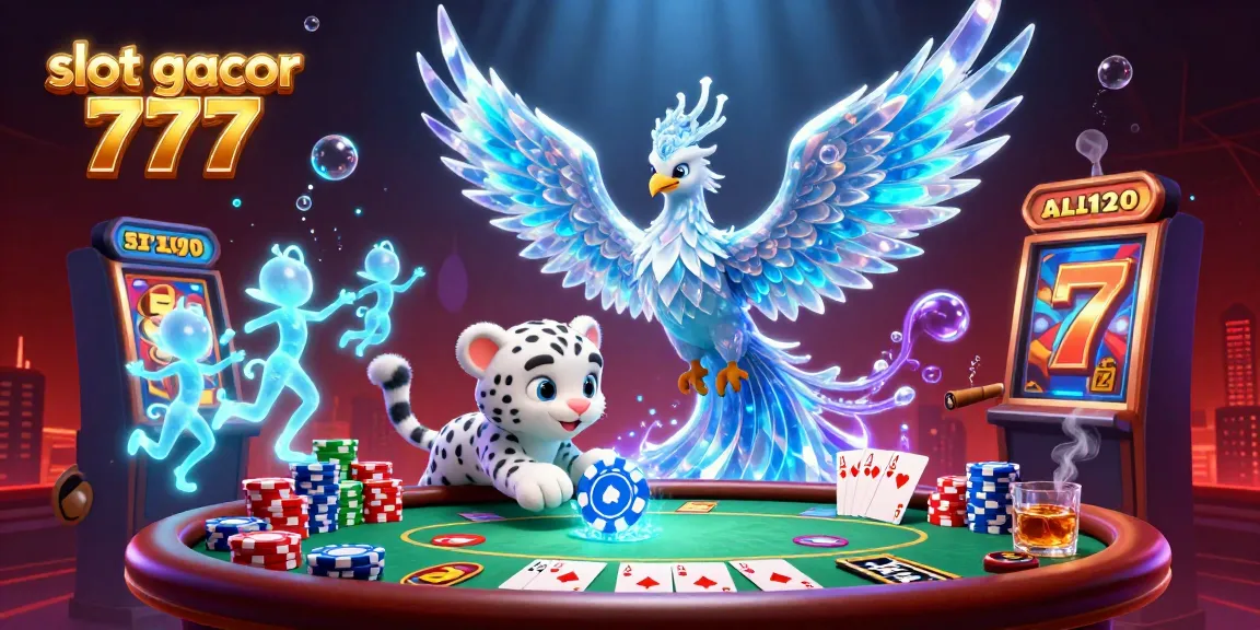 Merayakan kemenangan di slot gacor 777 dengan phoenix es, anak macan tutul, dan sprite bercahaya di kasino.
