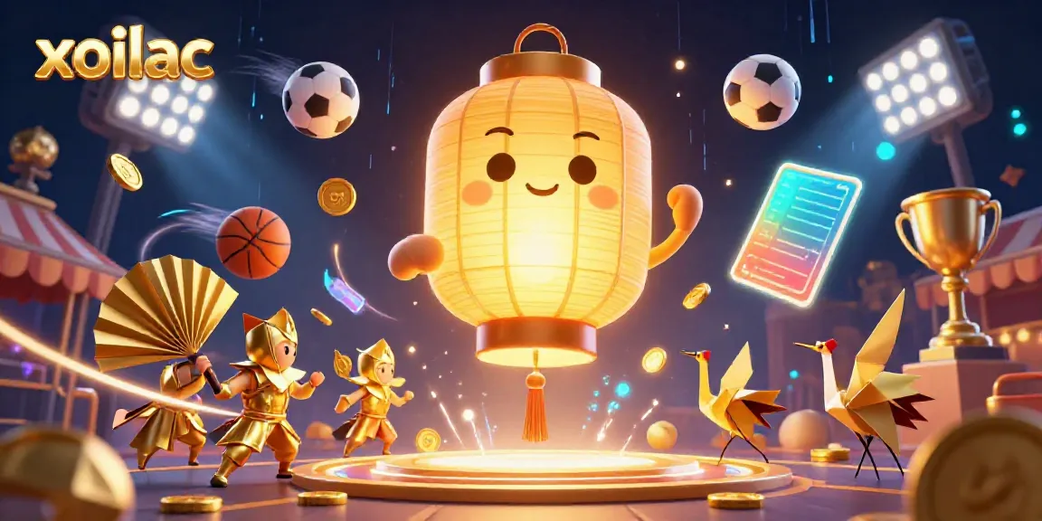 Xoilac showcases a vibrant 3D casino world with dynamic sports elements and golden symbols for an immersive experience.