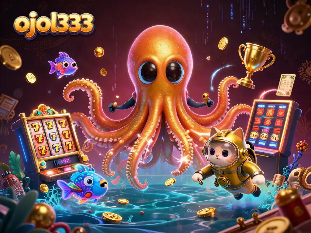 ojol333 illustrates a thrilling underwater casino scene with a kraken, diving cat, and vibrant slots.