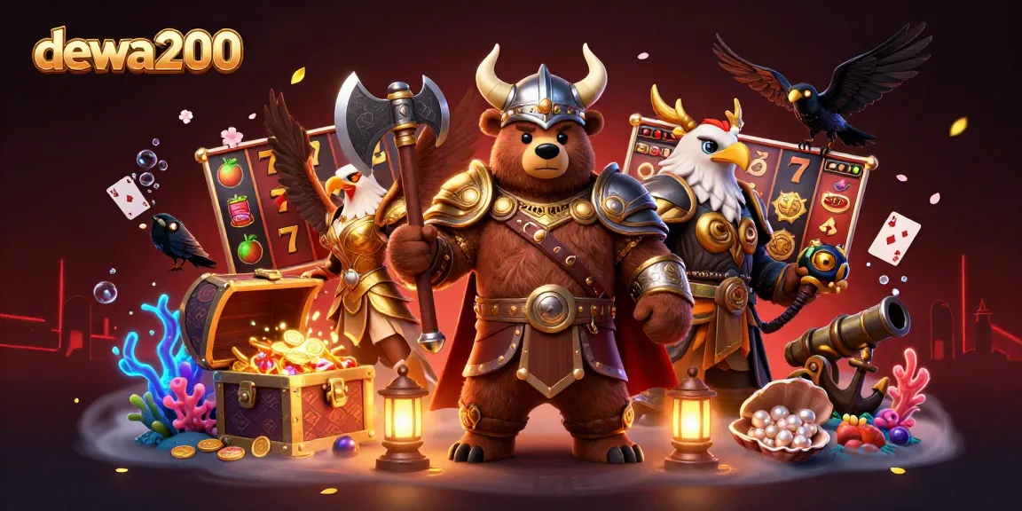Menangkan jackpot slot dengan dewa200 yang dikelilingi oleh harta karun dan simbol keberuntungan.