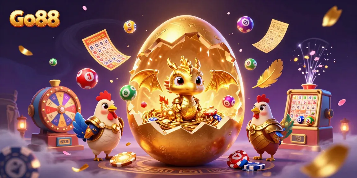 Experience winning action at Go88 with a vibrant 3D illustration showcasing golden dragon and poker chips.