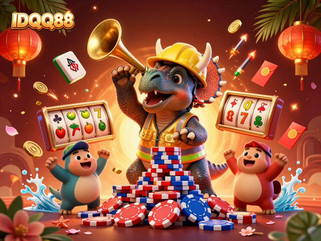 IDQQ88 showcases a lively 3D scene with cheerful dinosaurs building poker chip pyramids amidst vibrant casino elements.