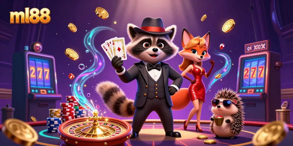 Experience the excitement of ml88 casino with a suave raccoon and a glamorous fox in this vibrant scene.