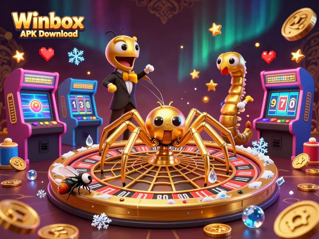 Winbox APK Download captures dynamic casino action with a golden spider spinning a roulette wheel, perfect for gamblers.