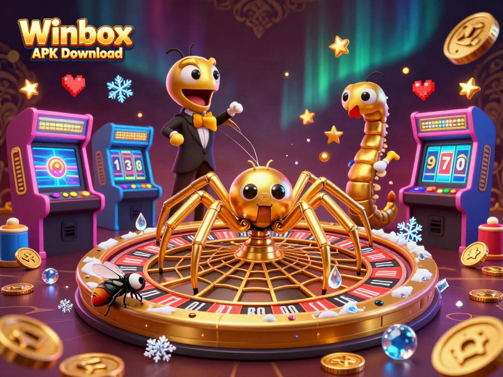 Winbox APK Download captures dynamic casino action with a golden spider spinning a roulette wheel, perfect for gamblers.