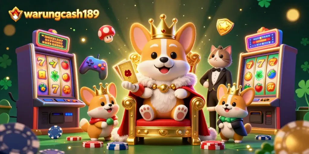 Spin to win at warungcash189 with an illustration featuring a royal corgi on a throne of poker chips.