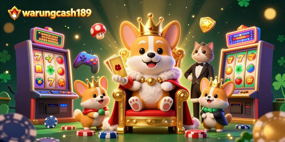 Spin to win at warungcash189 with an illustration featuring a royal corgi on a throne of poker chips.