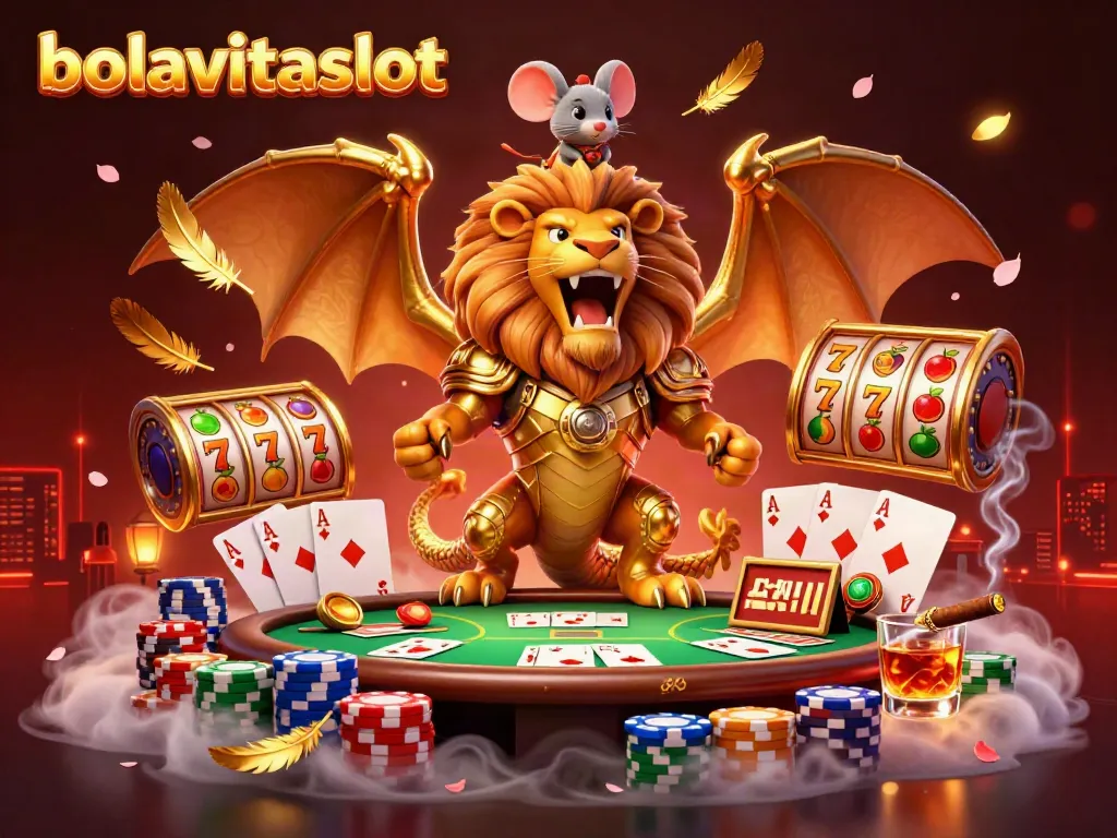 Experience thrilling gameplay with bolavitaslot featuring a majestic chimera, vibrant slot elements, and poker excitement.